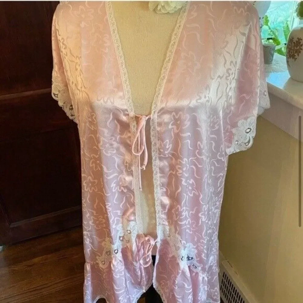 VTG Sz L DIOR *Paris Pink* Tie-Front Kimono Robe - Picture 9 of 11